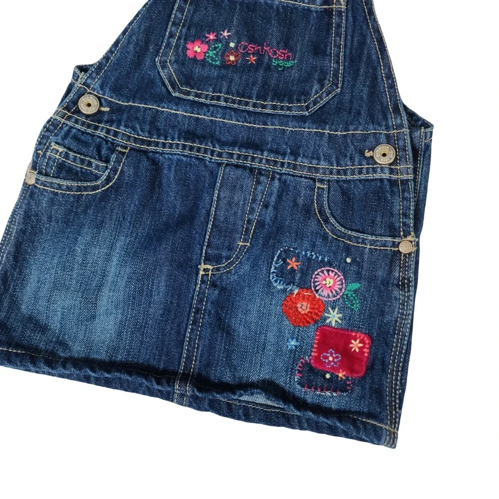OshKosh Bgosh Girls Blue Denim Floral Embroidered Overall Jumper Dress 18 Months
